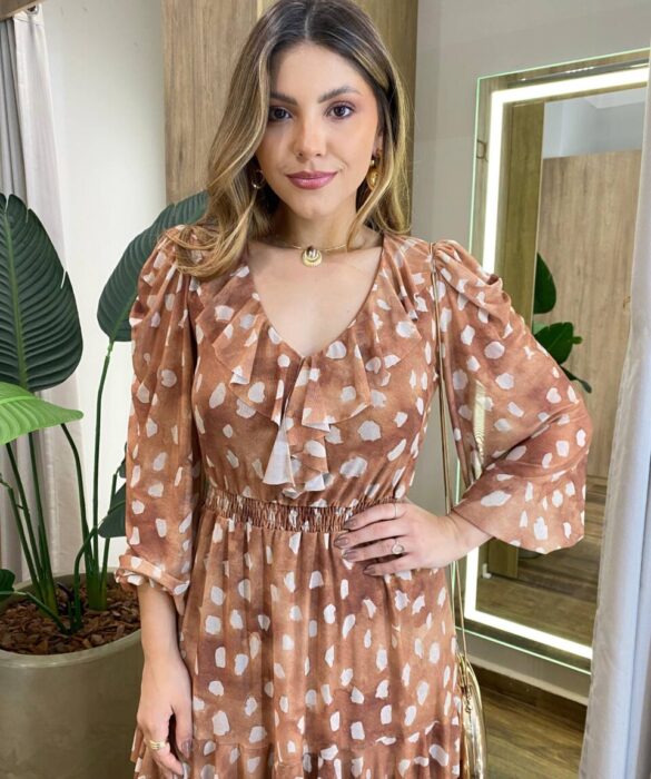 Vestido Longo Margot sem Bojo Manga Longa em Tule com Camadas Bege - Fernanda Ramos Store