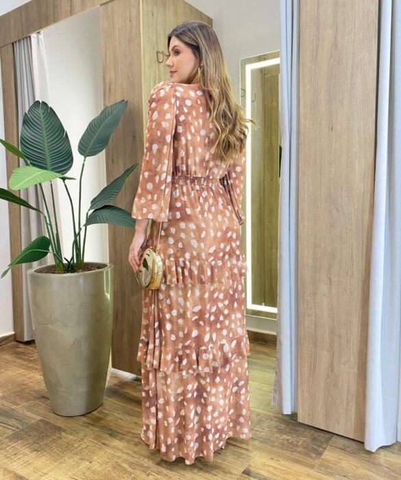 Vestido Longo Margot sem Bojo Manga Longa em Tule com Camadas Bege - Fernanda Ramos Store