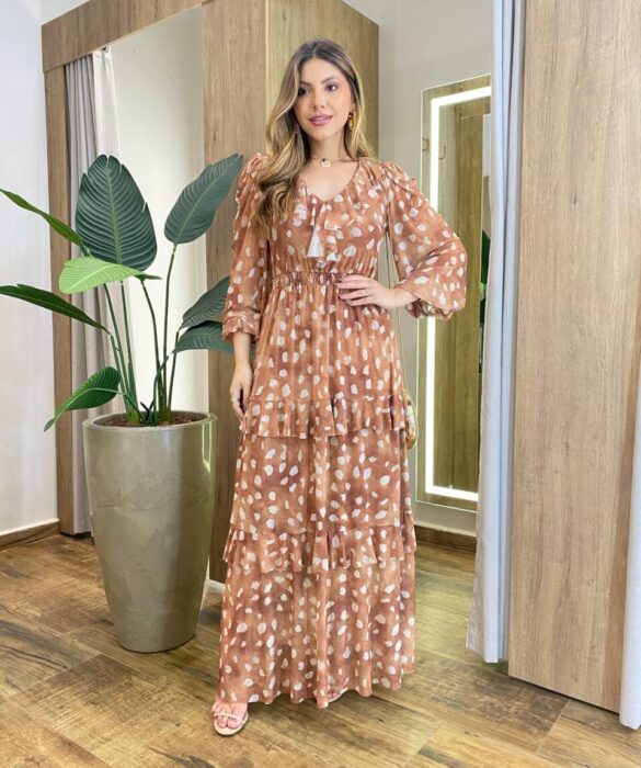 Vestido Longo Margot sem Bojo Manga Longa em Tule com Camadas Bege - Fernanda Ramos Store