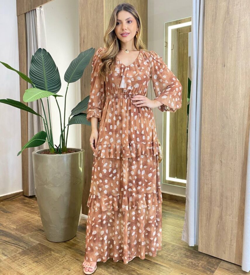 Vestido Longo Margot sem Bojo Manga Longa em Tule com Camadas Bege - Fernanda Ramos Store