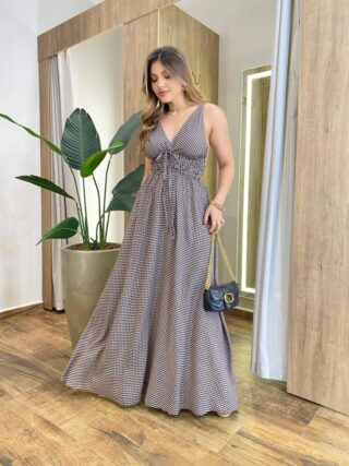 Vestido Longo Mary sem Bojo Amarração e Lastex Xadrez Preto - Fernanda Ramos Store