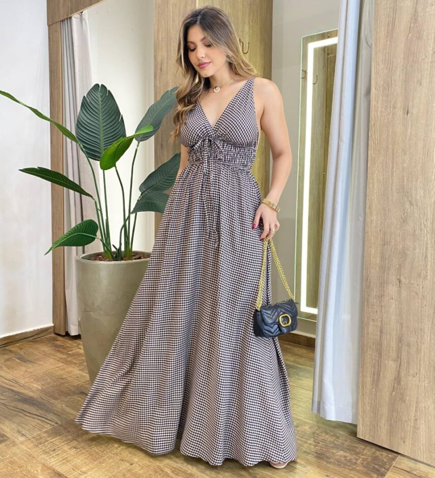 Vestido Longo Mary sem Bojo Amarração e Lastex Xadrez Preto - Fernanda Ramos Store
