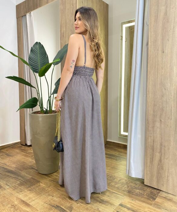 Vestido Longo Mary sem Bojo Amarração e Lastex Xadrez Preto - Fernanda Ramos Store