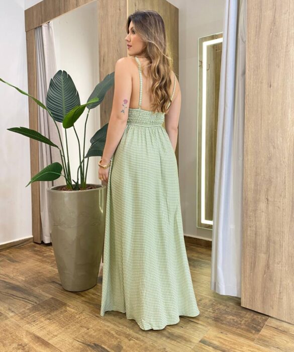 Vestido Longo Mary sem Bojo Amarração e Lastex Xadrez Verde - Fernanda Ramos Store
