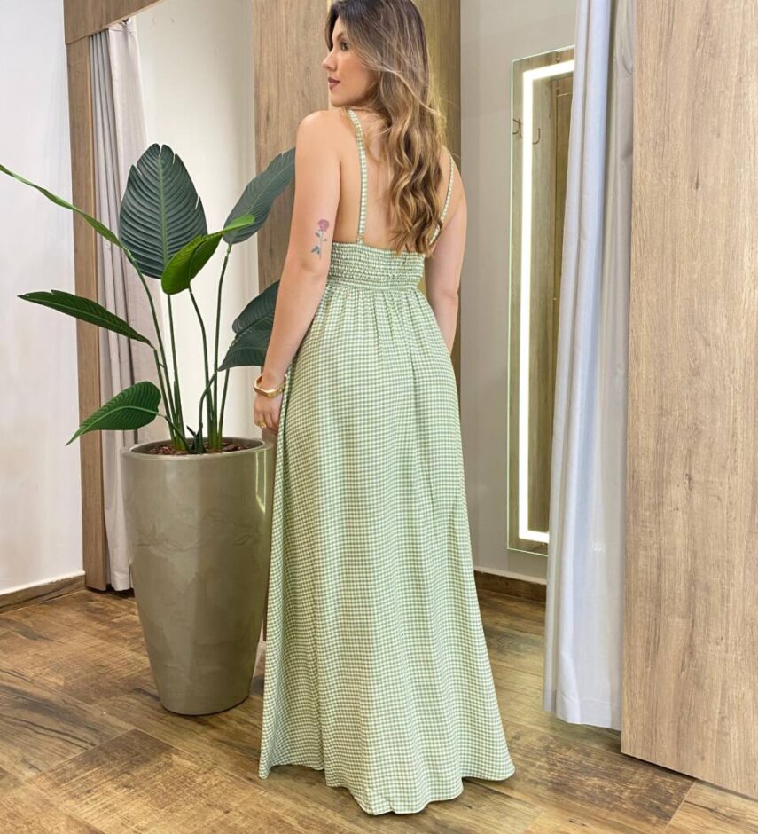 Vestido Longo Mary sem Bojo Amarração e Lastex Xadrez Verde - Fernanda Ramos Store