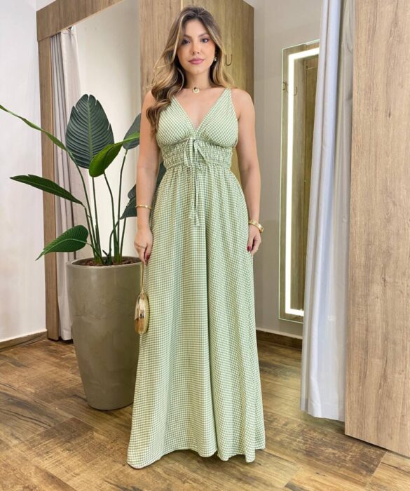 Vestido Longo Mary sem Bojo Amarração e Lastex Xadrez Verde - Fernanda Ramos Store