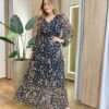 Vestido Longo sem Bojo Manga Longa em Tule com Babado Estampado - Fernanda Ramos Store