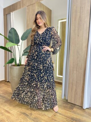 Vestido Longo sem Bojo Manga Longa em Tule com Babado Estampado - Fernanda Ramos Store