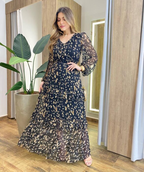 Vestido Longo sem Bojo Manga Longa em Tule com Babado Estampado - Fernanda Ramos Store