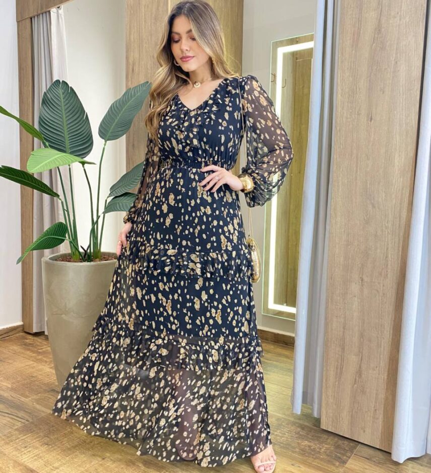 Vestido Longo sem Bojo Manga Longa em Tule com Babado Estampado - Fernanda Ramos Store