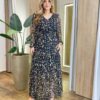 Vestido Longo sem Bojo Manga Longa em Tule com Babado Estampado - Fernanda Ramos Store