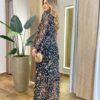 Vestido Longo sem Bojo Manga Longa em Tule com Babado Estampado - Fernanda Ramos Store