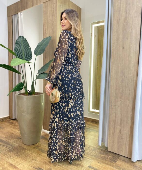 Vestido Longo sem Bojo Manga Longa em Tule com Babado Estampado - Fernanda Ramos Store