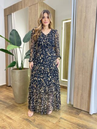 Vestido Longo sem Bojo Manga Longa em Tule com Babado Estampado - Fernanda Ramos Store