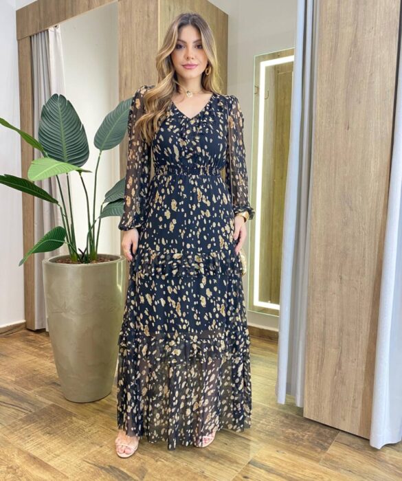 Vestido Longo sem Bojo Manga Longa em Tule com Babado Estampado - Fernanda Ramos Store