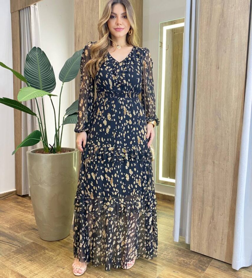 Vestido Longo sem Bojo Manga Longa em Tule com Babado Estampado - Fernanda Ramos Store