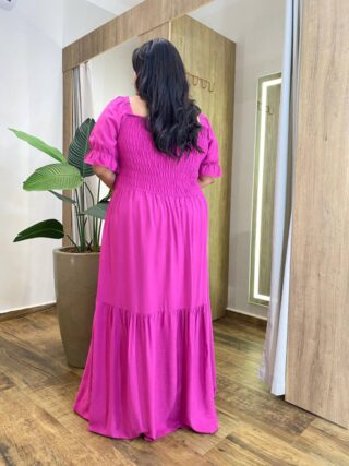 Vestido Longo sem Bojo Plus com Lastex e Detalhe na Manga Fúcsia - Fernanda Ramos Store