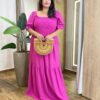 Vestido Longo sem Bojo Plus com Lastex e Detalhe na Manga Fúcsia - Fernanda Ramos Store