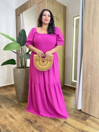Vestido Longo sem Bojo Plus com Lastex e Detalhe na Manga Fúcsia - Fernanda Ramos Store