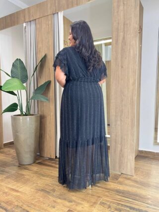 Vestido Longo sem Bojo Plus com Lastex em Tule Preto Brilhante - Fernanda Ramos Store