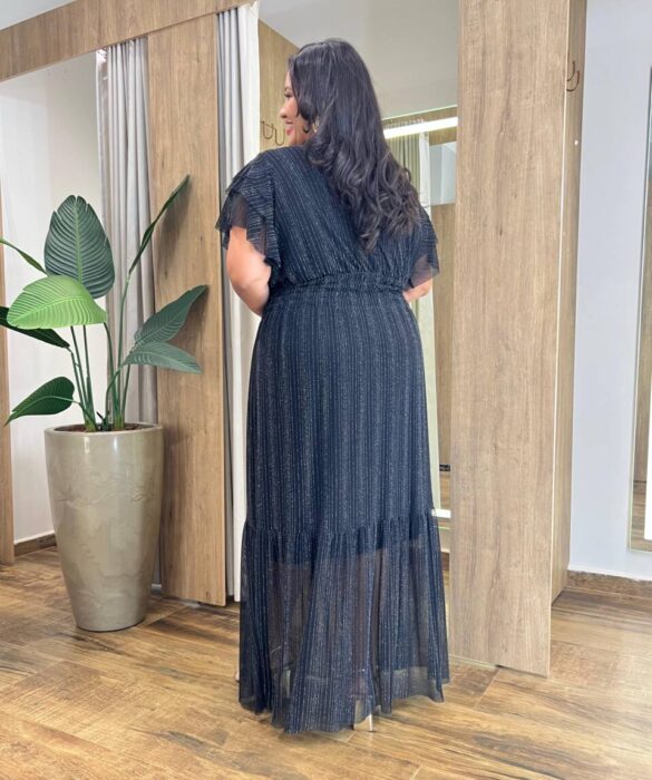 Vestido Longo sem Bojo Plus com Lastex em Tule Preto Brilhante - Fernanda Ramos Store