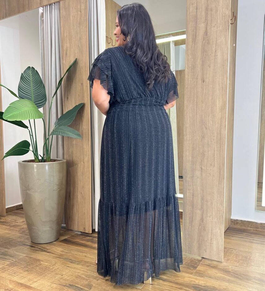 Vestido Longo sem Bojo Plus com Lastex em Tule Preto Brilhante - Fernanda Ramos Store