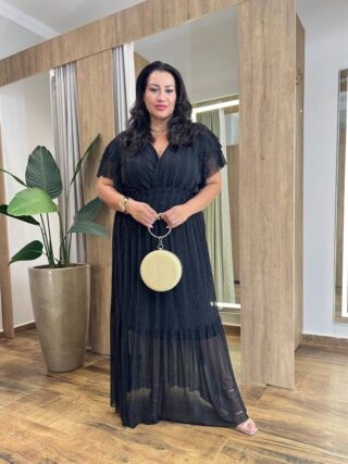 Vestido Longo sem Bojo Plus com Lastex em Tule Preto Brilhante - Fernanda Ramos Store