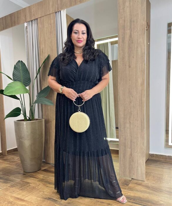 Vestido Longo sem Bojo Plus com Lastex em Tule Preto Brilhante - Fernanda Ramos Store