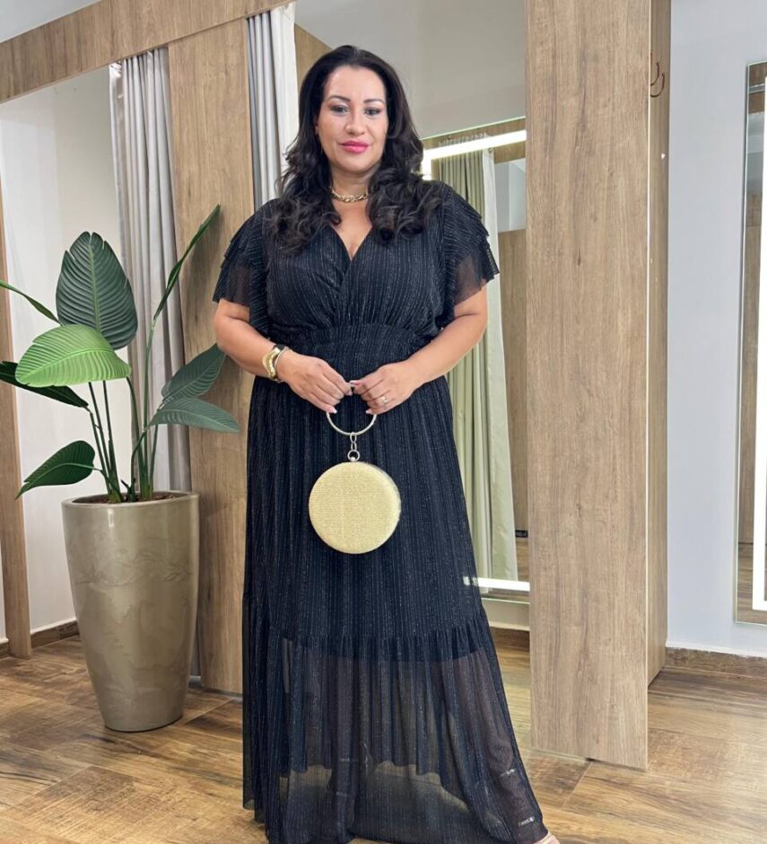 Vestido Longo sem Bojo Plus com Lastex em Tule Preto Brilhante - Fernanda Ramos Store