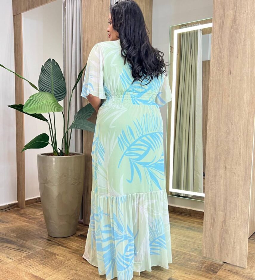 Vestido Longo sem Bojo Plus Estampado em Tule Verde - Fernanda Ramos Store