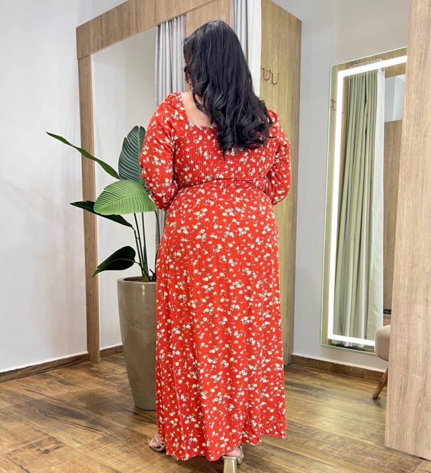 Vestido Longo sem Bojo Plus Isis Lastex e Manga Longa TerraCota - Fernanda Ramos Store