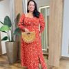 Vestido Longo sem Bojo Plus Isis Lastex e Manga Longa TerraCota - Fernanda Ramos Store