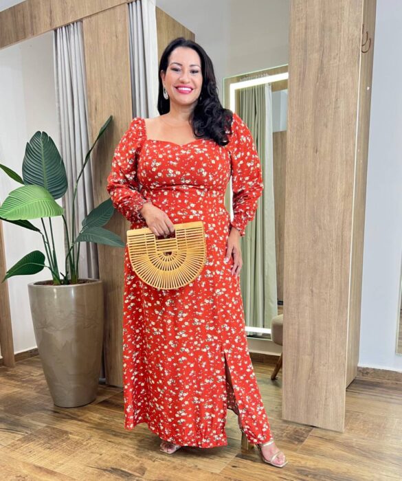 Vestido Longo sem Bojo Plus Isis Lastex e Manga Longa TerraCota - Fernanda Ramos Store