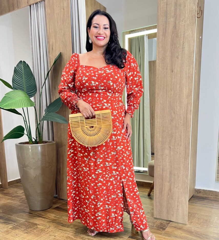 Vestido Longo sem Bojo Plus Isis Lastex e Manga Longa TerraCota - Fernanda Ramos Store