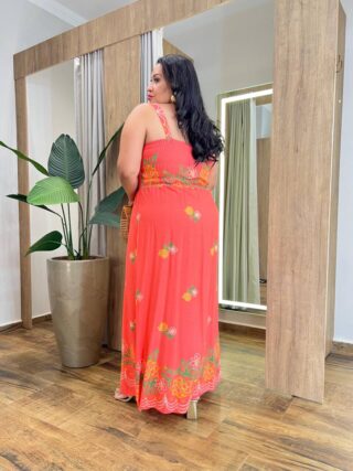 Vestido Longo sem Bojo Plus Lastex Alça Fina Estampado Coral - Fernanda Ramos Store