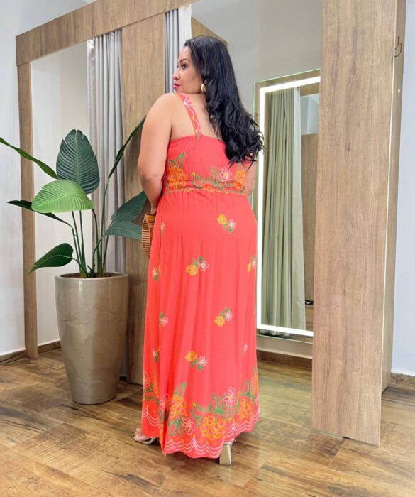 Vestido Longo sem Bojo Plus Lastex Alça Fina Estampado Coral - Fernanda Ramos Store