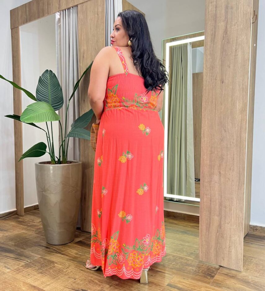 Vestido Longo sem Bojo Plus Lastex Alça Fina Estampado Coral - Fernanda Ramos Store