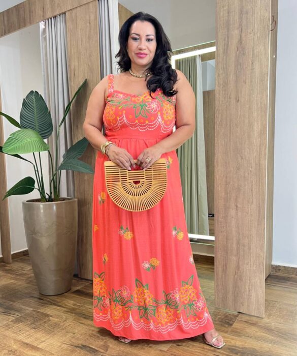 Vestido Longo sem Bojo Plus Lastex Alça Fina Estampado Coral - Fernanda Ramos Store