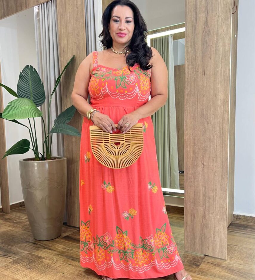 Vestido Longo sem Bojo Plus Lastex Alça Fina Estampado Coral - Fernanda Ramos Store
