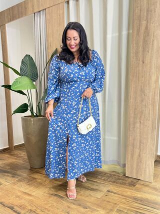 Vestido Longo sem Bojo Plus Lastex e Manga Longa Estampado Azul - Fernanda Ramos Store