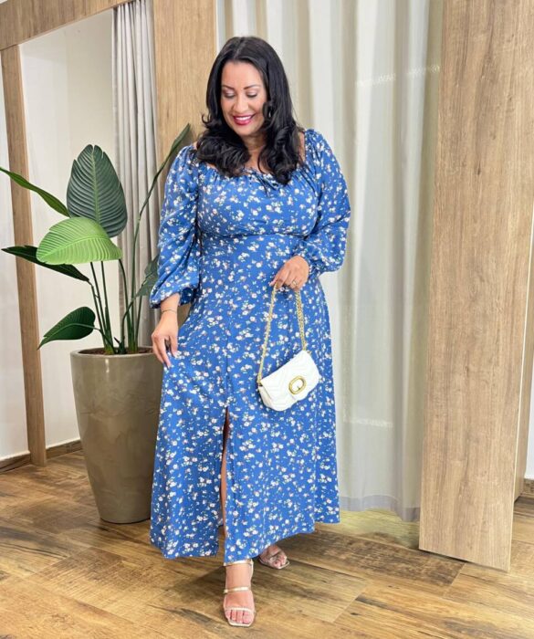 Vestido Longo sem Bojo Plus Lastex e Manga Longa Estampado Azul - Fernanda Ramos Store