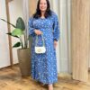 Vestido Longo sem Bojo Plus Lastex e Manga Longa Estampado Azul - Fernanda Ramos Store
