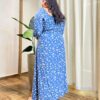 Vestido Longo sem Bojo Plus Lastex e Manga Longa Estampado Azul - Fernanda Ramos Store