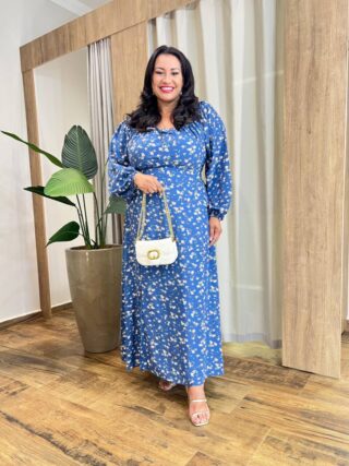Vestido Longo sem Bojo Plus Lastex e Manga Longa Estampado Azul - Fernanda Ramos Store