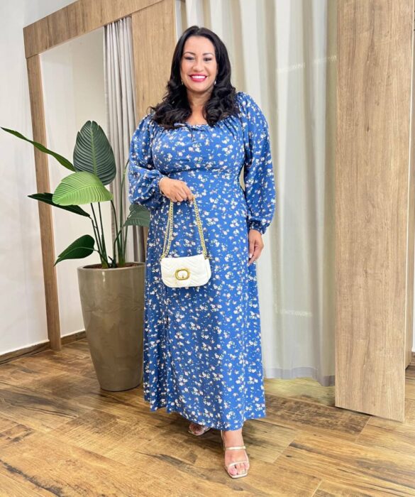 Vestido Longo sem Bojo Plus Lastex e Manga Longa Estampado Azul - Fernanda Ramos Store
