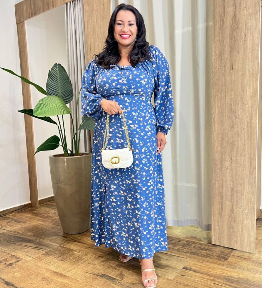 Vestido Longo sem Bojo Plus Lastex e Manga Longa Estampado Azul - Fernanda Ramos Store