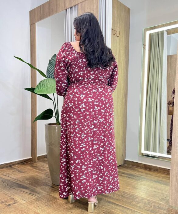 Vestido Longo sem Bojo Plus Lastex e Manga Longa Estampado Vinho - Fernanda Ramos Store