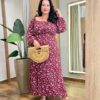 Vestido Longo sem Bojo Plus Lastex e Manga Longa Estampado Vinho - Fernanda Ramos Store