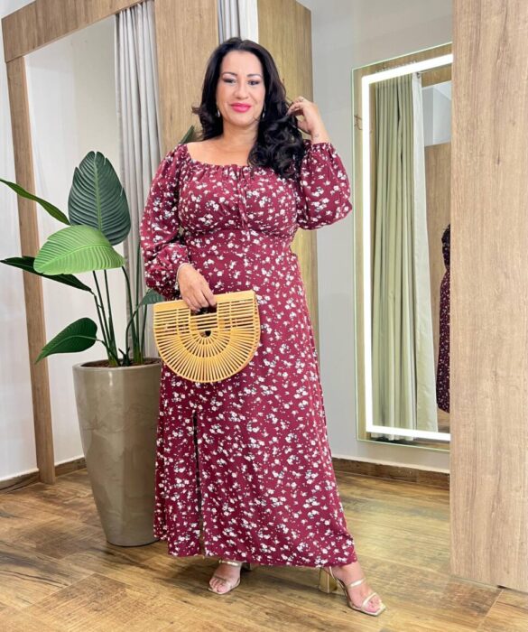 Vestido Longo sem Bojo Plus Lastex e Manga Longa Estampado Vinho - Fernanda Ramos Store