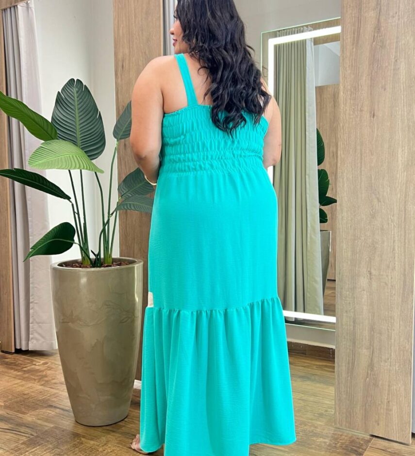 Vestido Longo sem Bojo Plus Lastex nas Costas Verde Água - Fernanda Ramos Store